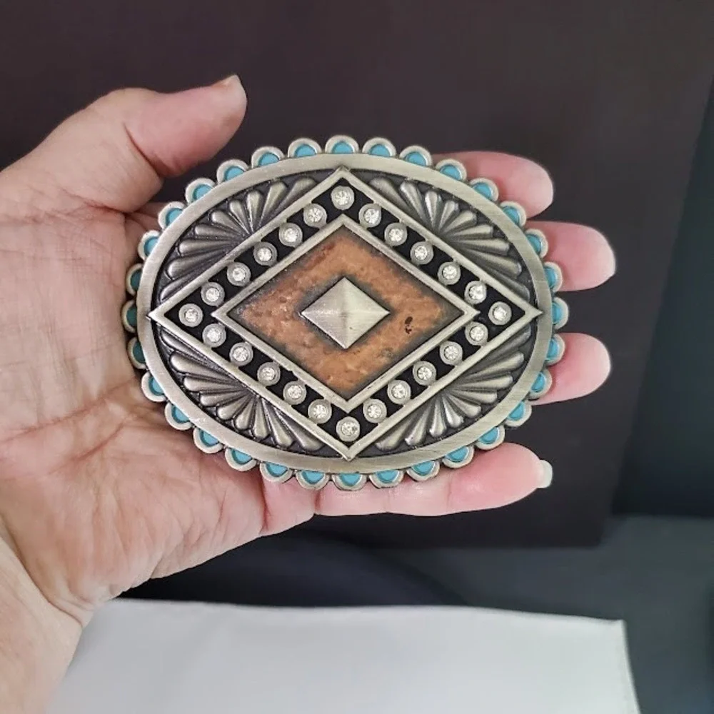 Montana Silversmiths Oval Belt Buckle Silver Tone Turquoise Rhinestone Western